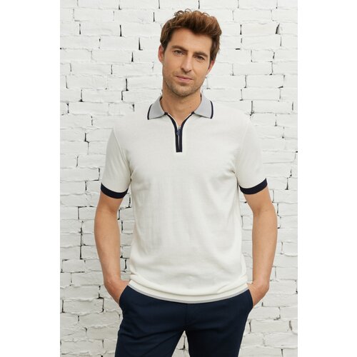 ALTINYILDIZ CLASSICS Men's Ecru Standard Fit Regular Cut Polo Neck 100% Cotton Short Sleeves Knitwear T-Shirt. Cene