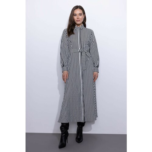 Defacto Shirt Collar Striped and Belted Long Sleeve Poplin Maxi Dress Slike