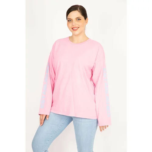 Şans Women's Pink Plus Size Sleeve Printed Sweatshirt
