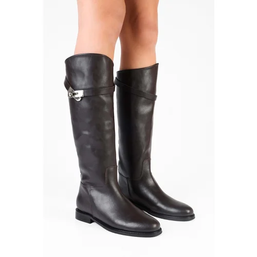 Shoeberry Women's Larissa Brown Leather Buckled Riding Boots