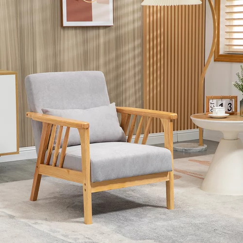 HOMCOM Moderni fotelj z žametnim oblazinjenjem in lesenim okvirjem, fotelj za salon in dnevno sobo z dodatno blazino, 68x75x78cm, siva, (20745134)
