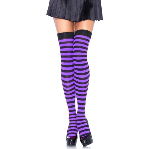 Leg Avenue Striped Nylon Thigh Highs 6005 Black &amp;amp; Purple Slike