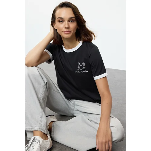 Trendyol Black 100% Cotton Embroidered Contrast Piping Detailed Knitted T-Shirt