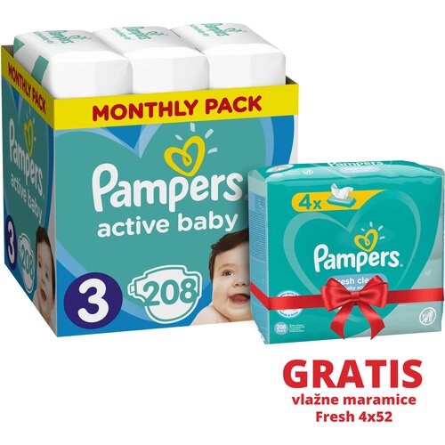 Pampers Pelene 3, Monthly, MSB, Monthly, 208/1 + Vlažne maramice Fresh 4x52 Slike