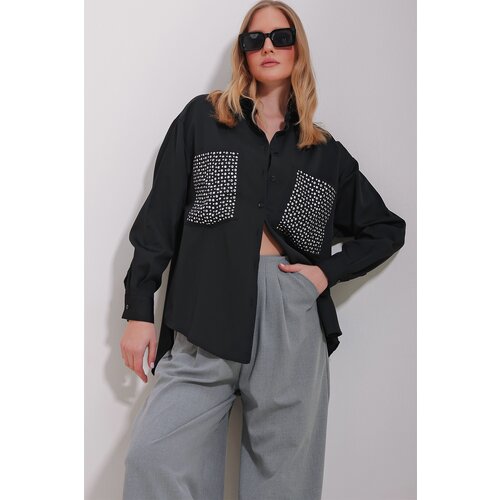 Trend Alaçatı Stili Women's Black Double Pocket Troc Embroidered Terrycotton Oversize Shirt Slike