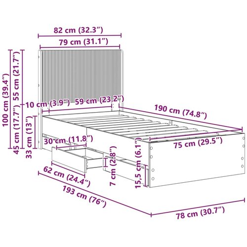  Okvir za krevet s pohranom i uzglavljem Crna 75 x 190 cm - Crna 75 x 190 cm Slike