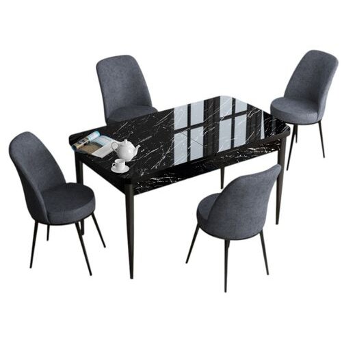 Hanah home trpezarijski set Han, sto na razvlačenje i 4 stolice, ploča u dekoru crnog mermera, dimno siva tkanina Jerry Cene