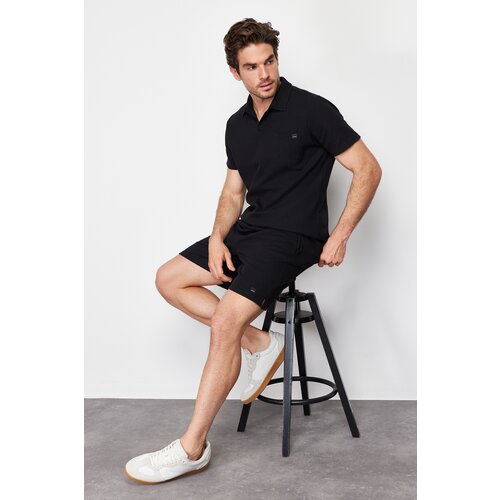 Trendyol Men's Black Regular/Normal Fit Polo Neck Labeled T-Shirt Shorts Tracksuit Set Slike