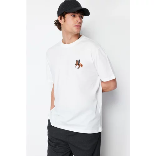 Trendyol Plus Size Ecru Men's Relaxed/Comfortable Cut Animal Embroidery 100% Cotton T-Shirt