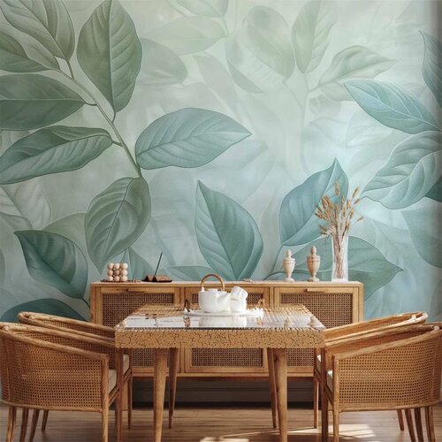  Foto tapeta - Large Leaves in Shades of Green-Mint: Botanical Motif 100x70 Slike