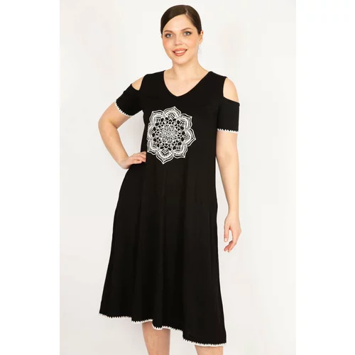 Şans Women's Black Plus Size Decollete Decollete Black Embroidered Dress