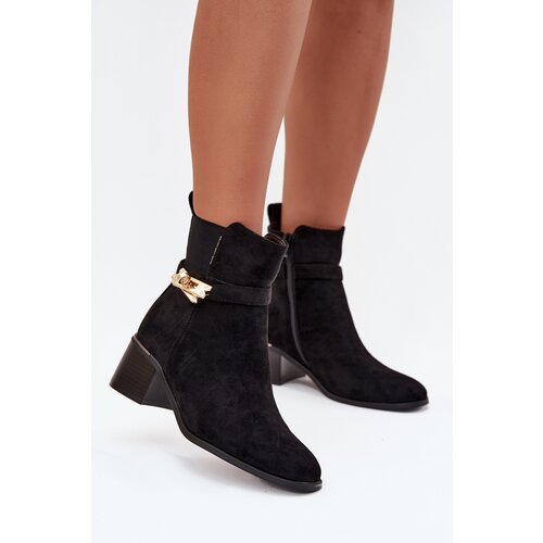 Boto Fleece lined women&amp;#039;s ankle boots with gold decoration on block heel black Sarona Slike
