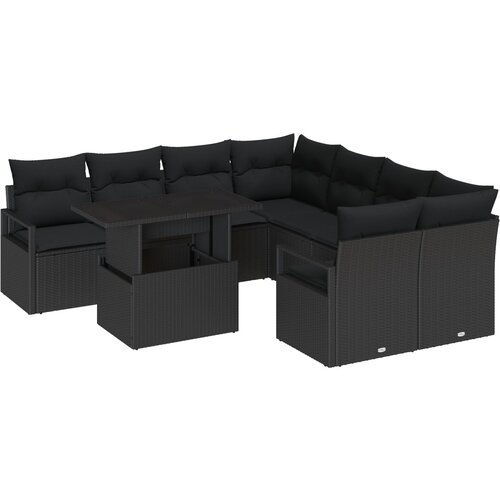 VidaXL 9-dijelni Vrtni Sofa Set s Jastucima Crna Poli Ratan, 2-osobna Vrtna Sofa s Odlaganjem &amp;amp; Jastucima Crna Poli Ratan Slike