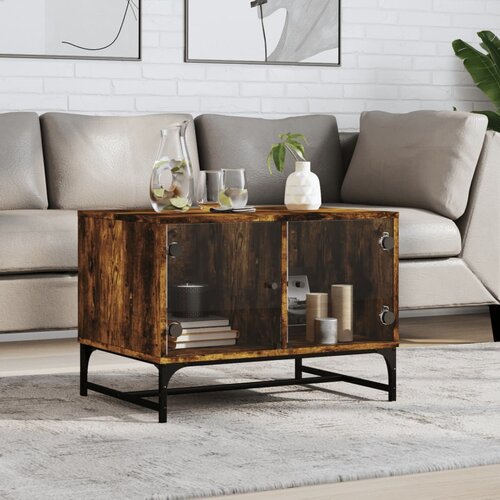  The Living Store Klubska mizica s steklenimi vrati dimljeni hrast 68,5x50x50 cm - Klubska Mizica, (21442423) Slike