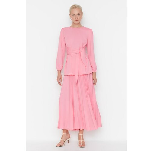 Trendyol Pink Front Tied Skirt Pleated Bottom-Top Set Slike