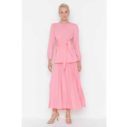 Trendyol Pink Front Tied Skirt Pleated Bottom-Top Set