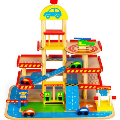 ECO TOYS drvena garaža, veliki parking sa liftom + automobili Slike