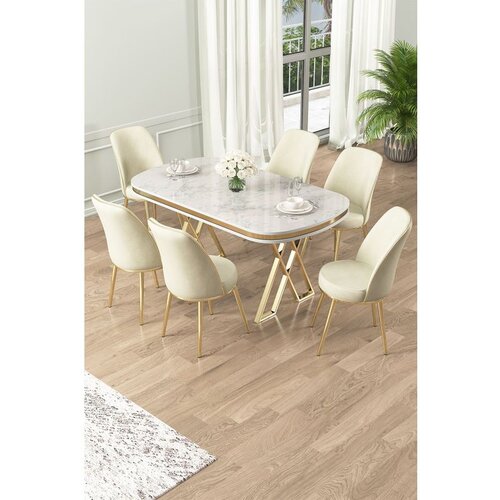 Hanah home Lai - White, Gold, Cream WhiteGoldCream Dining Table & Chairs Set (7 Pieces) Cene