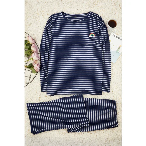 Trendyol Curve Navy Blue Striped Crew Neck Knitted Pajamas Set