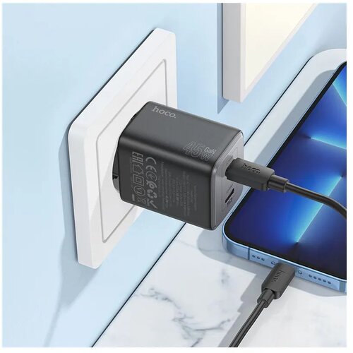 Hoco. zidni punjač 2 x tip C + kabel tip C do Lightning PD QC 45W GaN N42 crni Slike
