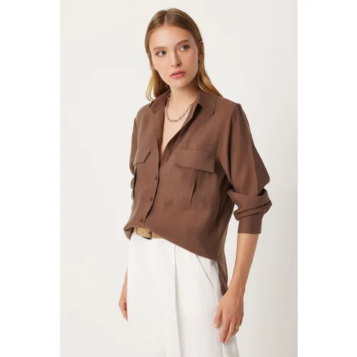 Happiness İstanbul Women's Brown Wide Pocket Tencel Shirt