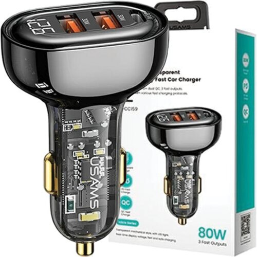 Usams AVTOPOLNILEC 2XUSB 1XUSB-C 80W FAST CHARGE ČRN, (22007303) Slike
