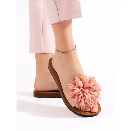Shelvt Women's pink slippers with a flower