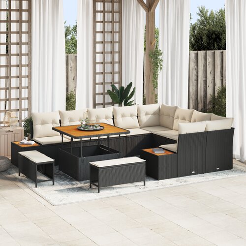 VidaXL 12-delni vrtni sofa set z blazinami črn poli ratan akacija Slike