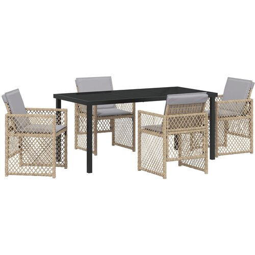 VidaXL 5-delni vrtni jedilni set z oblazinjenjem, bež poli ratan, vrtna miza črna 160x80x73 cm kaljeno steklo Slike