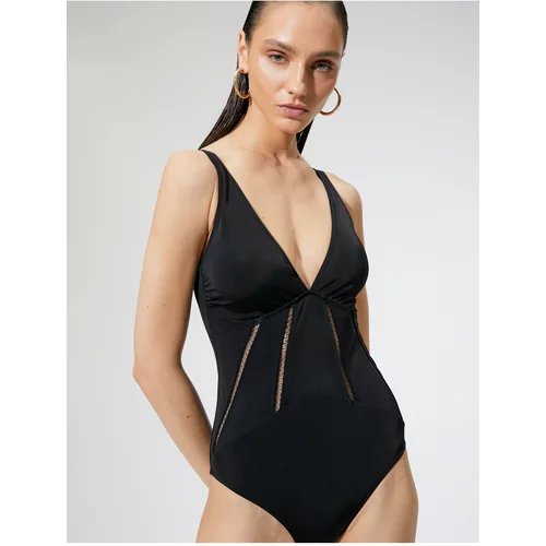 Koton V-Neck Swimwear Embroidery Detailed Coated Thick Straps