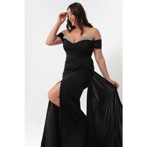 Lafaba Women's Black Long Evening Dress with Stones on the Tail Slike