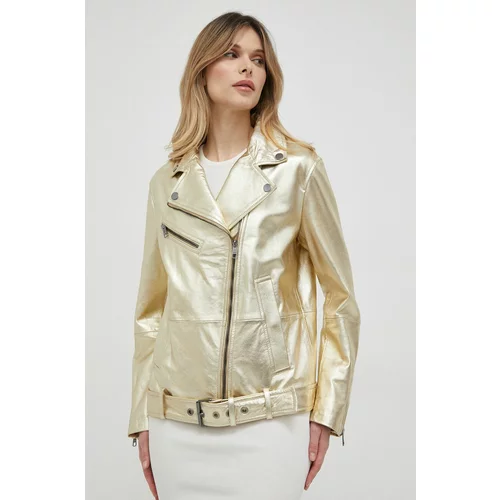 Boss Kožna ramones jakna za žene, boja: zlatna, za prijelazno razdoblje, oversize