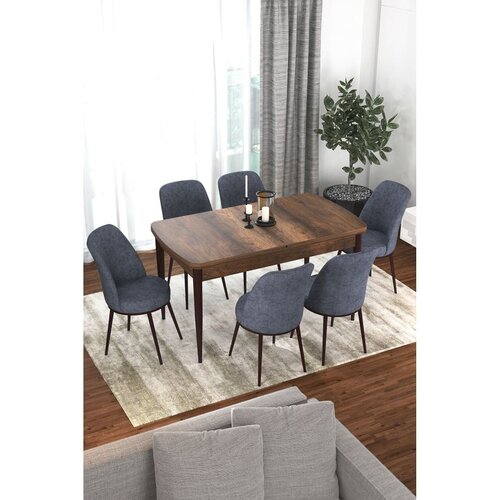 Hanah home trpezarijski set Kor, sto na razvlačenje i 6 stolica, ploča u dekoru drveta Baroque, dimno siva tkanina Jerry Cene