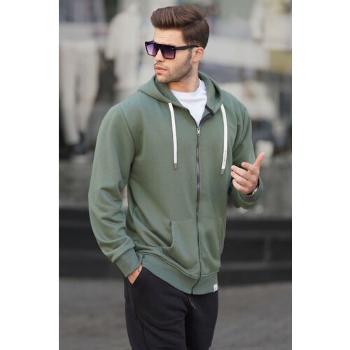 Madmext Khaki Green Zippered Hooded Sweatshirt 6161 Slike