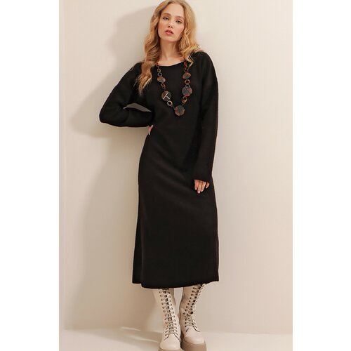 Trend Alaçatı Stili Women's Black Bateau Neck Wool-Effect Sweater Dress Slike
