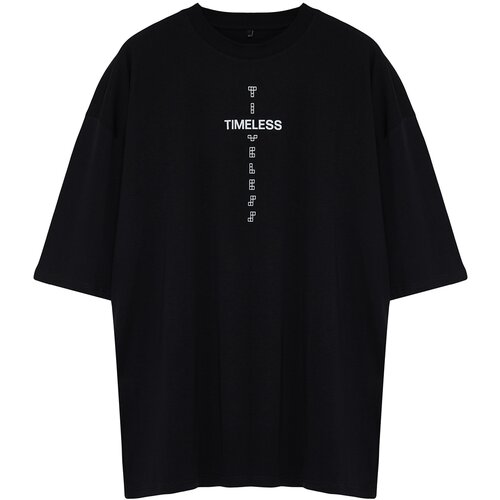 Trendyol Large Size Men's Black Oversize Comfortable Printed 100% Cotton T-Shirt Cene