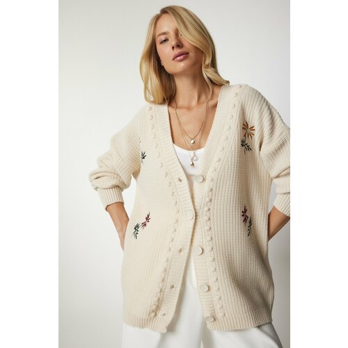 Happiness İstanbul Women's Cream Floral Embroidery Textured Knitwear Cardigan Slike