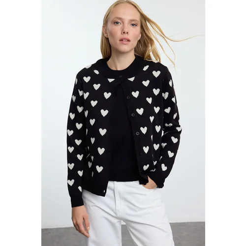 Trendyol Black Crew Neck Heart Detailed Knitwear Cardigan