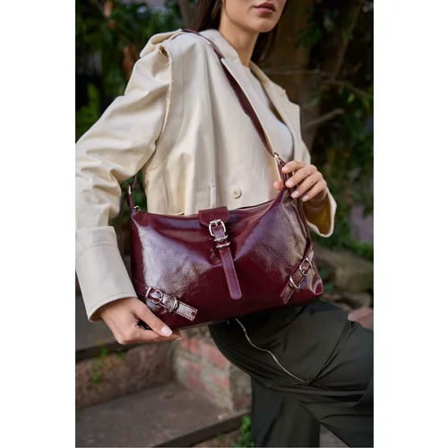 Madamra Burgundy Patent Leather Women's Belt Cornered Patent Leather Shoulder Bag