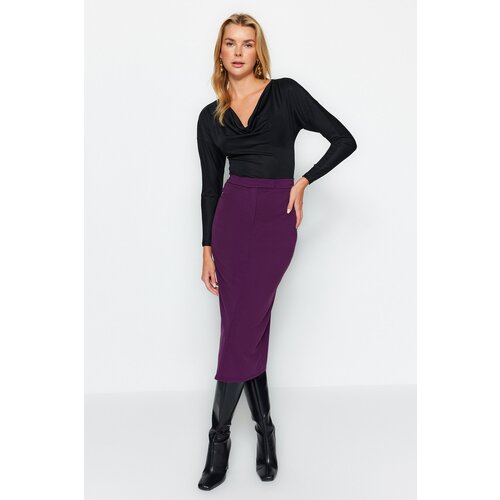 Trendyol Purple Smart Crepe with Belt Detailed Fleece Pocket Midi Pencil High Waist, Flexible Knitted Skirt Cijene