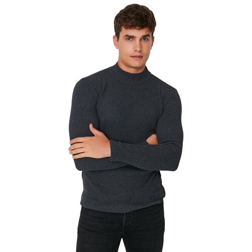 Trendyol Anthracite Men's Fitted Slim Fit Half Turtleneck Corded Knitwear Sweater Slike