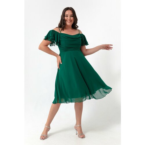 Lafaba Women's Emerald Green Straps, Flare Cut Midi Plus Size Evening Dress. Cene