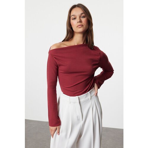 Trendyol Burgundy Draped Boat Neck Asymmetrical Flexible Knitted Blouse Slike