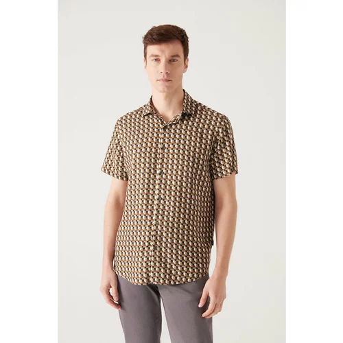 Avva Men's Khaki Geometric Patterned Viscose Shirt