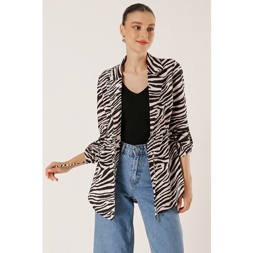 By Saygı Zebra Patterned Corded Waist Folded Sleeve Jacket Cene