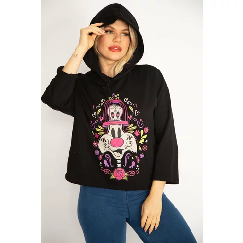 Şans Women's Plus Size Black Digital Printed Hooded Sweatshirt