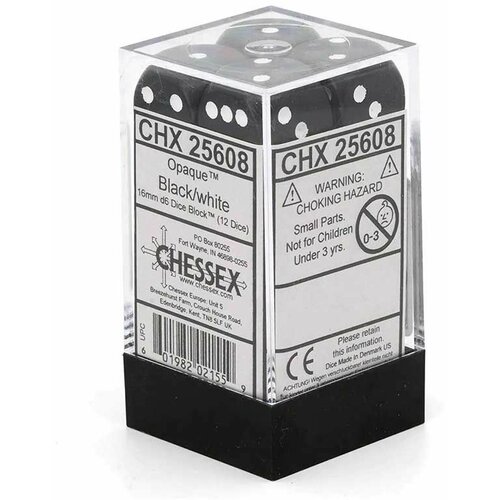 Chessex kockice - opaque - black & white - dice block 16mm (12) Slike