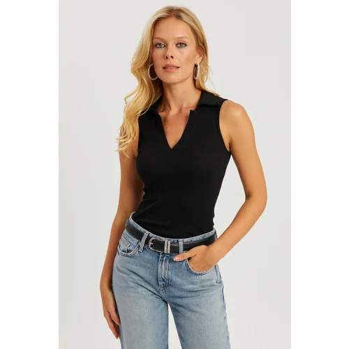 Cool & Sexy Women's Black Polo Neck Camisole Blouse MK10