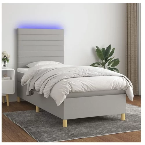  Box spring postelja z vzmetnico LED svetlo siva 90x190 cm blago