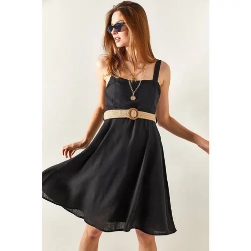 Olalook Women's Black Flared Mini Linen Dress with a Belt and Zippered Side